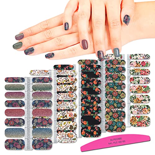 SILPECWEE 5 Sheets Adhesive Nail Polish Strips Stickers Tips with 1Pc Nail File Nail Wraps Decals Manicure Kit Flower Style