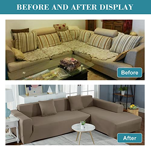 Jin Le Couch Cover L Shape Sectional Sofa Cover Sofa Slipcover Furniture Protector Couch Slipcover For L-Shape Sofa Soft Stretch Slipcovers With 2Pcs Pillowcases (3 Seater And 3 Seater, Khaki) #TOP5