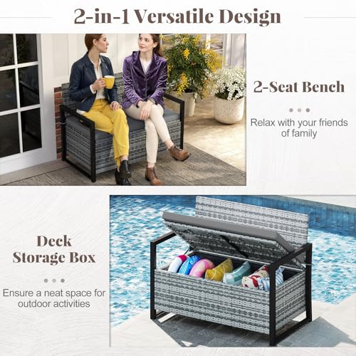 Image of Tangkula 40 Gallon Outdoor Bench with Storage, Patio Wicker Storage Bench with Cushion, Cover, Metal Frame, Deck Box Seat for Backyard, Poolside, Balcony, Garden