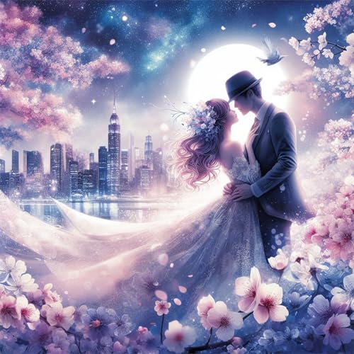 Image of Bride and Groom Diamond Painting Kits for Adults, Romantic Couple 5D Diamond Art Kits for Adults Beginner, Flower DIY Full Drill Round Diamond Painting Wedding Gift Wall Decor 13.8x13.8 Inch