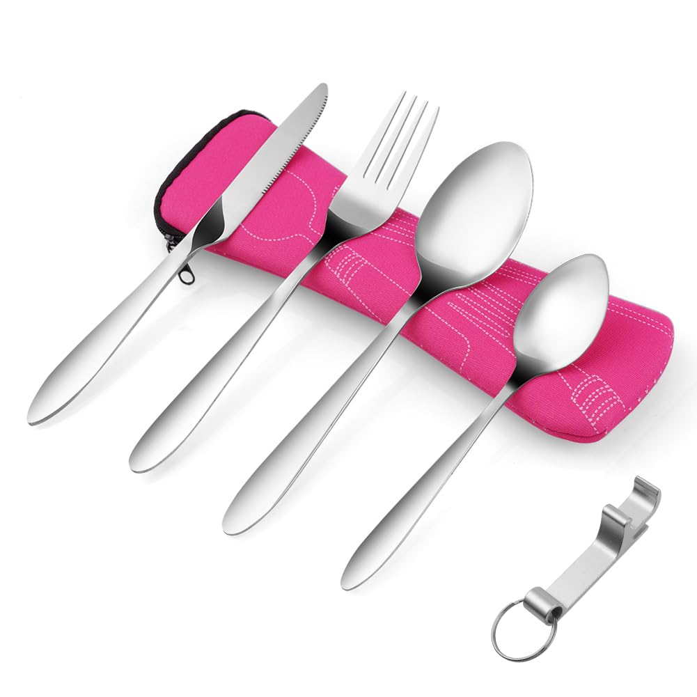 Set De 3 Couverts En Acier Inoxydable Avec étui De Voyage - Cuillère, Fourchette, Baguettes - Rose, Pour Camping Et Bureau