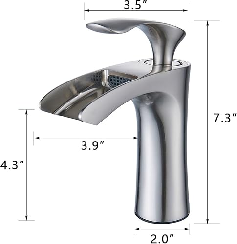 Miniatura 5 de Grifo de baño de cascada contemporáneo en acabado de níquel cepillado, mango único, instalación de fregadero de 1 orificio