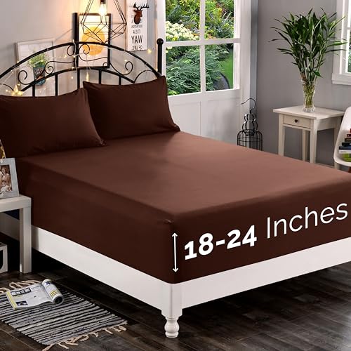 Elegant Comfort 1500 Premium Quality Fitted Sheet Ultra Soft 18-24 Inch Extra Deep Pocket - Single Fitted Sheet for High Mattress - Wrinkle Free with Smart Storage Pockets, King, Chocolate Brown