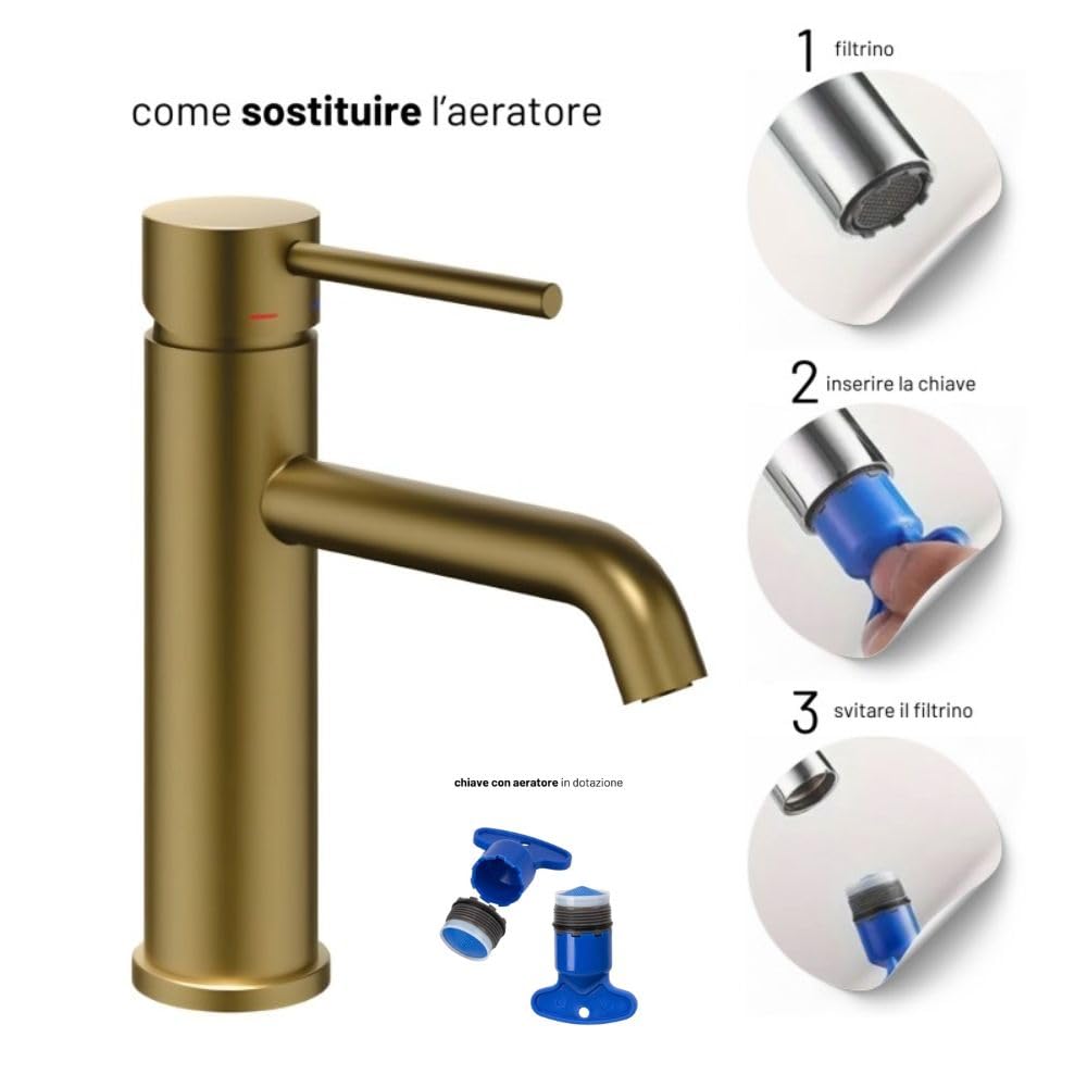 Miscelatore Monocomando Bagno Serie Jazz QuickInstall Piletta Click Clack Leva in Metallo Cartuccia Ceramica Design Moderno Oro Matt Satinato Spazzolato (Coppia Lavabo Bidet)