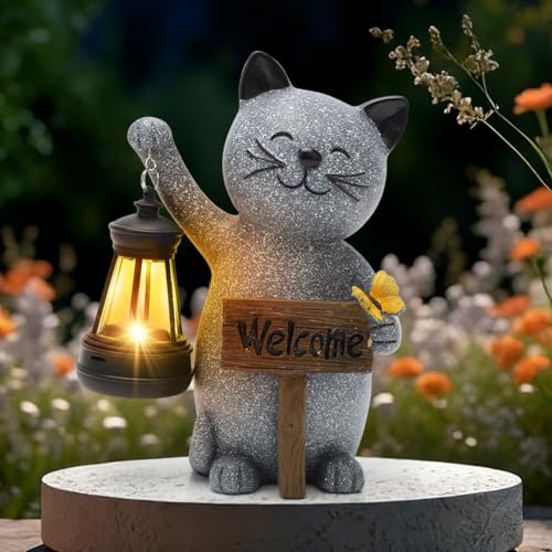 RANJIMA Luces solares de jardín escultura de gato, lámparas solares LED, figuras de jardín para exteriores con farol solar, estatua, decoración para césped, jardín, patio, porche, casa, balcón, para
