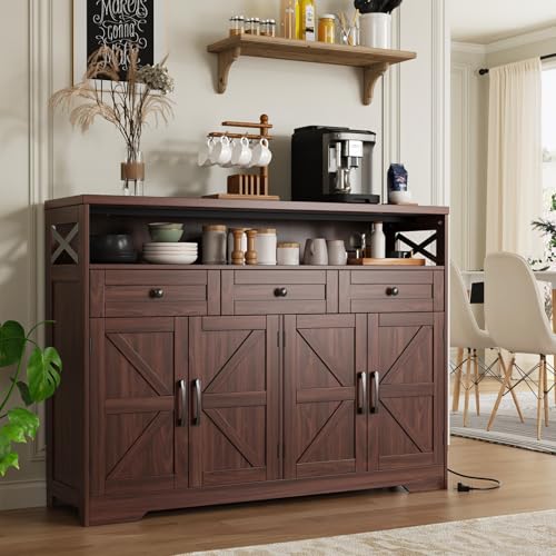Image of 51 inch Dark Brown Buffet Sideboard Cabinet, Farmhouse Storage Cabinet Kitchen | Pantry with Shelf and Drawers, Wood Cupboard Hutch Cabinet, Coffee Bar Station Table for Kitchen, Living Room, Dining Room