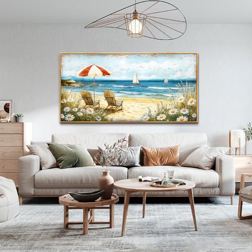 ERQINHUA Large Wall Decor Canvas Painting Wall Art For Living Room Bedroom Home Decoration Blue Seaside Landscape Painting Print For office Dining Room Bathroom Wall Aesthetics Wood Frame 30x60 In