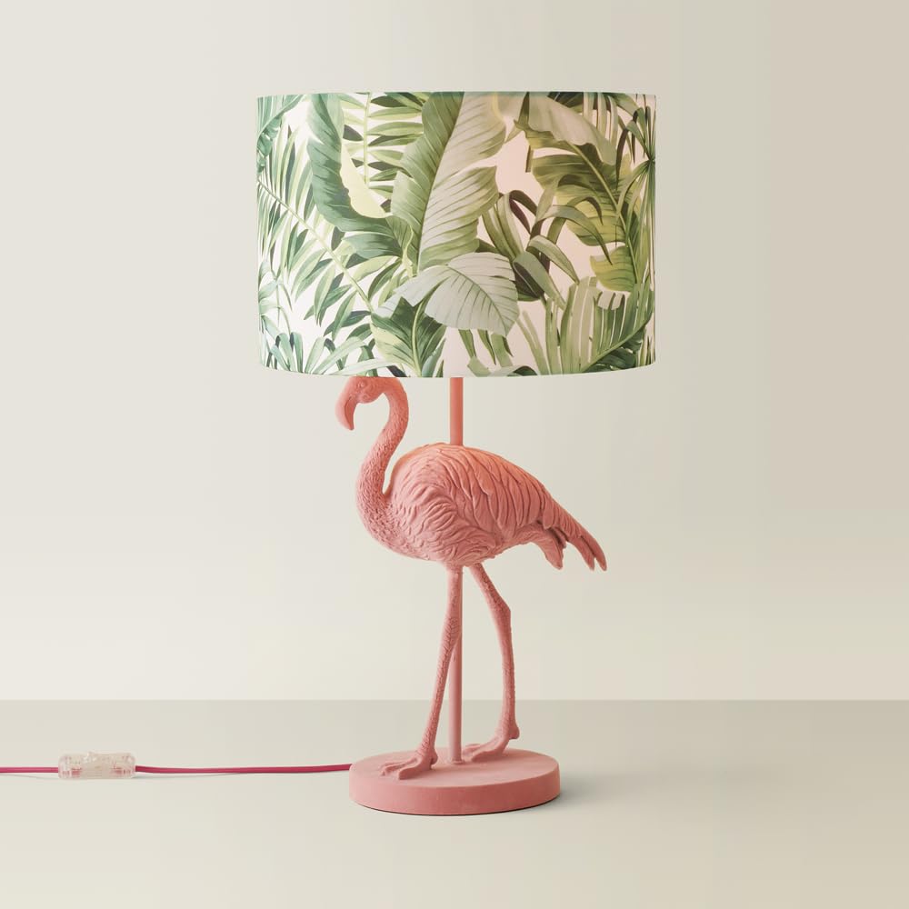 ValueLights Pink Velvet Flamingo LED Table Lamp - Tropical Palm Leaf Shade