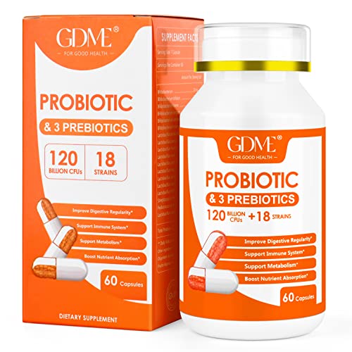 GDME Probiotic Capsules 60 Capsules 120 Billion CFU 18 Strains Contains 3 Prebiotics for Men & Women Once Daily Probiotic Dietary Supplement Boosts Digestive and Immune Health