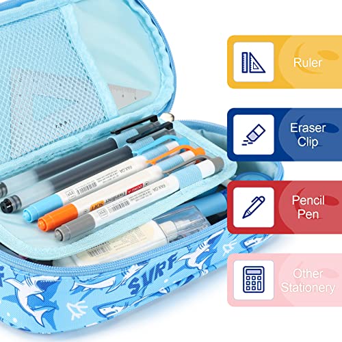 Image of Bagseri Pencil Case for Boys - Cute Pencil Case for Kids Large Capacity Pencil Pouch Organizer Multi-Slot Pencil Box for School, Pen Case Only (Blue Shark)