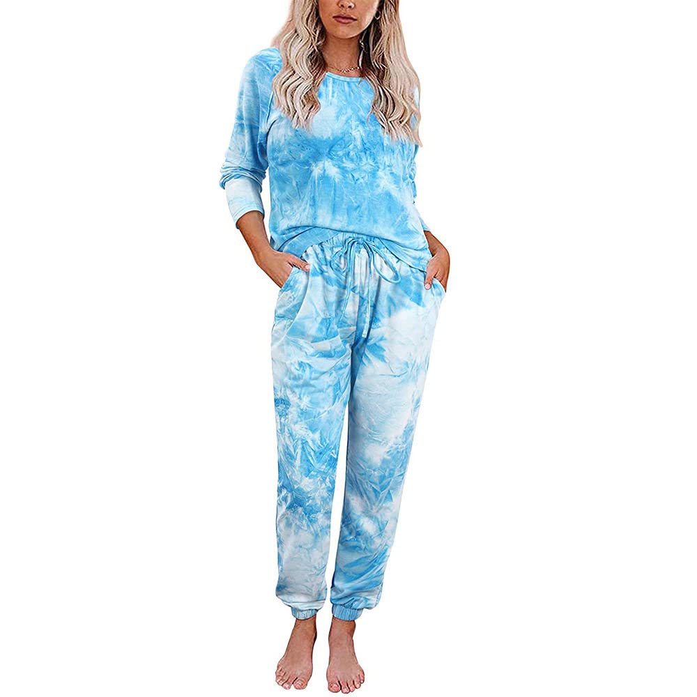 Pijamas para Mujer Conjunto De Pijama De Poliéster con Cuello Redondo Y Estampado Teñido Anudado Azul Conjunto De Pijama De Manga Larga con Personalidad Suave para Mujer Conjunto De Dos Piezas Reg