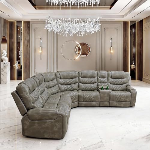 Image of Power Reclining Sectional Sofa Set, Leather Reclining Sectional Couch with USB Ports & Storage, Living Room Sofa Set for Modern Living Room Comfort (Grey)