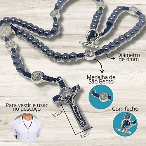 Terço de São Bento com contas em hematita e medalha em metal prata