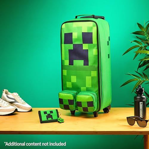 Minecraft Kids Foldable Trolley Bag 25”, 17L Luggage with Wheels, Creeper - Gamer Travel Essentials, Gifts for Kids3
