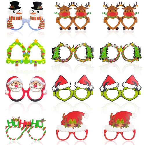 Christmas Party Decorations - 12 PCS Paper Eyeglasses | Christmas Accessories Shirts Outfits - Stocking Stuffers for Women | White Elephant Gifts for Adults - Xmas Games Crafts Party Favors for Kids