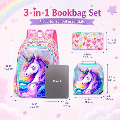 Image of CCJPX 3Pcs Unicorn Backpack, 16 inch Kids Girls Bookbag with Lunch Box, Water Resistant Elementary School Bag for Kindergarten Preschool Toddler (Pink)