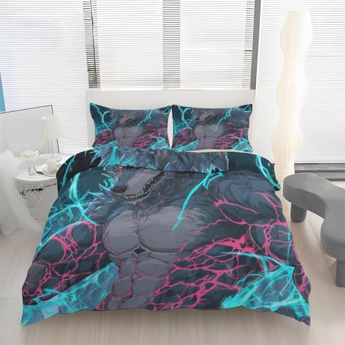 Générique Housse de Couette 140x200 Loup-Garou Imprimé, Parure de lit Loup Anime Réversible Microfibre avec Fermeture Éclair, 1 Personne, Ensemble de...
