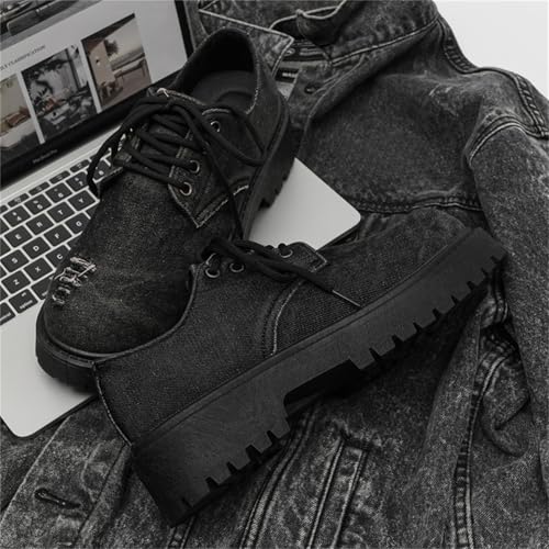 Men's Denim Lace Up Platform Chunky Heel Oxford Shoes Classic Retro Round Toe Non Slip Lug Sole Thick Protection Stylish Formal Derby for Wedding Business Dress Office Commuting Leisure Daily2