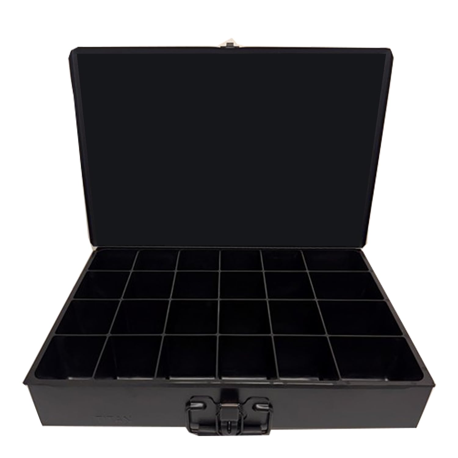 24 Compartment Large Black Metal Drawer Storage Box with Secure Grip and Locking Latch