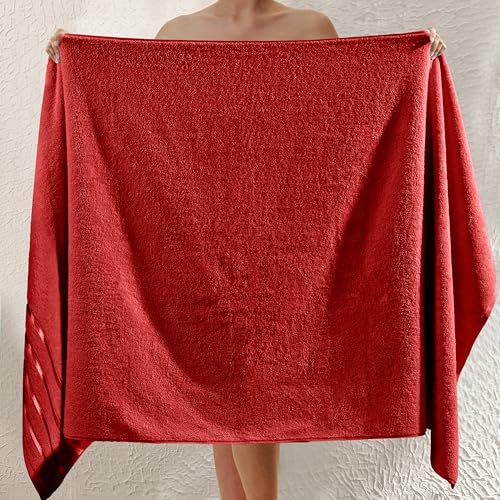 Image of Elegant Comfort 100% Turkish Cotton 4 Lines Viscose Stripe Jumbo Bath Towel - Hotel Spa Quality Extra Large 35 x 70 Inch Bath Towel Ultra Soft, Super Absorbent Quick Dry Large Bath Towel, Red