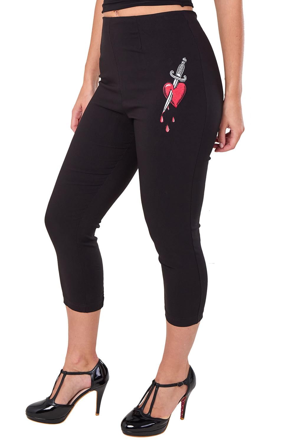 Ro Rox Ella Capri Pants Heart Dagger Embroidery 1950s Retro Rockabilly Trousers, Black, 4XL
