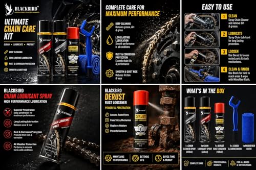 Image of BLACKBIRD Bike Care Kit, 1 Pcs each - Chain Lube 220ml, Chain Cleaner 220ml, De-Rust 120ml, Chain Cleaning Brush and 1 Microfiber Cloth