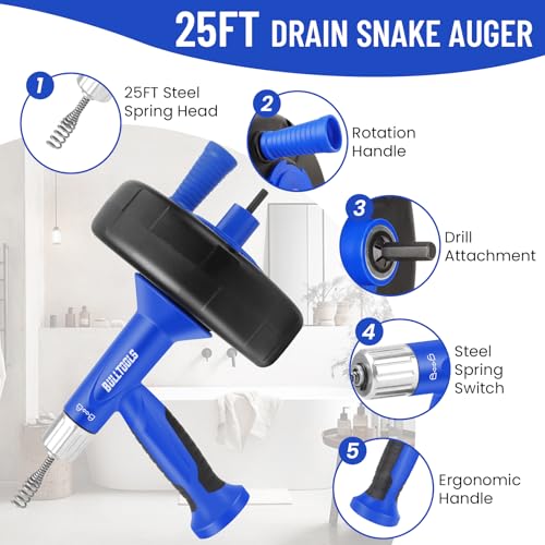 BULLTOOLS Drain Auger, 25FT Drain Clog Remover with Drill Adapter, Flexible Snake Drain Hair Removal Tool for Kitchen Sink, Bathtub, and Shower Comes with Gloves and Storage Bag by BULLTOOLS - Image 2