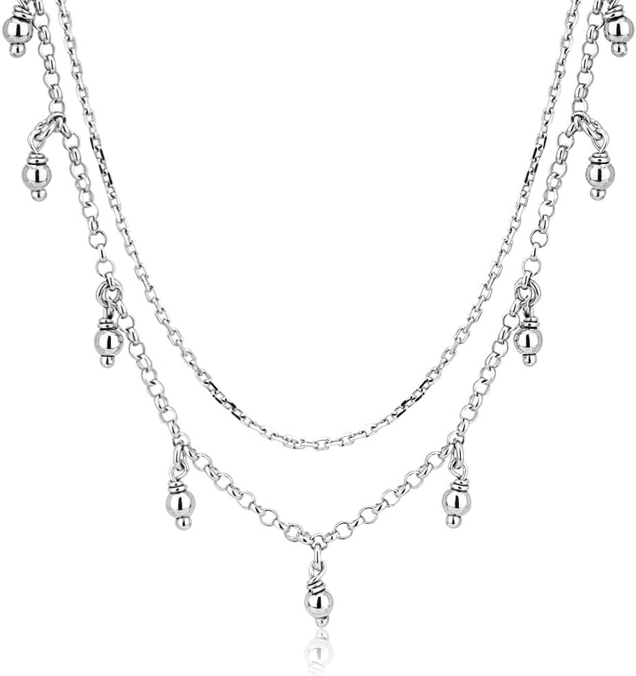 Vanbelle Sterling Silver Jewelry - Rhodium Plated with 925 Stamp - Double Layered Beaded Choker Necklace - Elegant Beautifully Designed for Women 16" Long + 2" Extender - Image 3