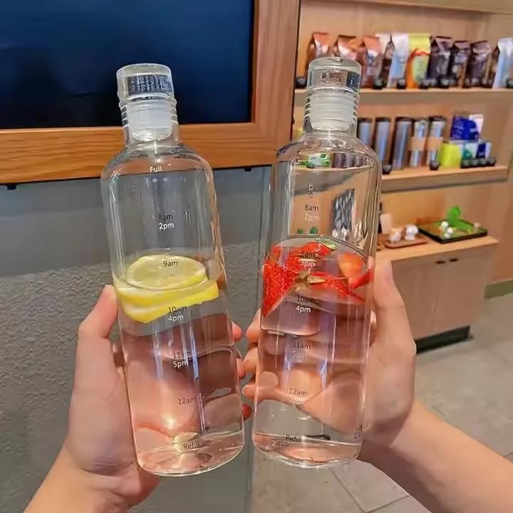 Image of Glass Water Bottle with Time Marker - 500ml Leakproof Reusable Bottle - BPA-Free Transparent Bottle with Colored Lids - Drinking Fridge Bottles Water, Milk, Lassi, Juices, Beverages (orange)