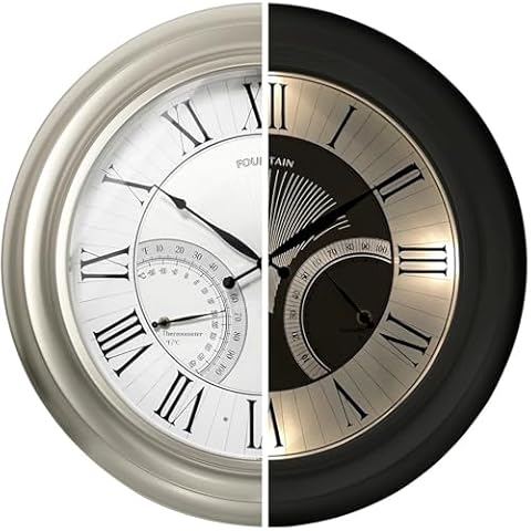 FOUNTAIN DESIGNS 24 Inch Outdoor Clocks Waterproof, Self-Illuminated Large Outdoor Clock with Thermometer and Hygrometer Combo for Patio,Pool and Garden Decor,Roman Numeral,Morning Silver Cover