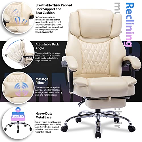 High Back Massage Reclining Office Chair With Footrest - Executive Computer Chair Home Office Desk Chair With Massaging Lumbar Cushion, Adjustable Angle, Breathable Thick Padding For Comfort (Beige) #TOP1