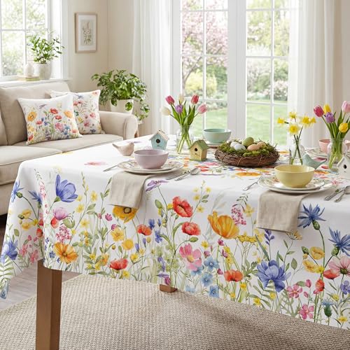 Dolficy Spring Floral Tablecloth 60x120 Inch, Spring Watercolor Flowers Decorations for Home Table Cloth Rectangle, Blooming Flower Decor Tablecloths Polyester for Picnic Party Dinner