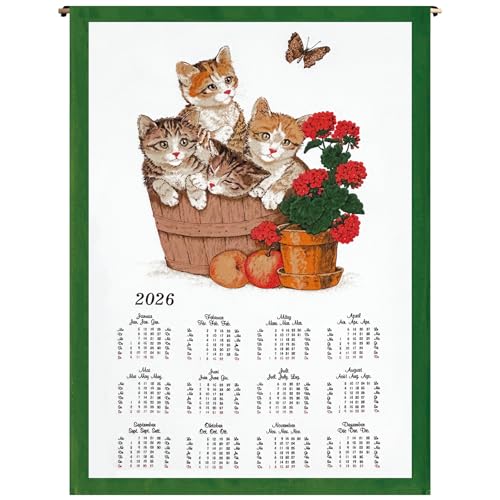 ggm Stoffkalender 2026 Katzen – 45x65 cm – Wandkalender aus Baumwolle – nachhaltiger Jahreskalender – dekorative Wanddeko – Stoffposter für Küche oder Büro – verschiedene Ausrichtungen