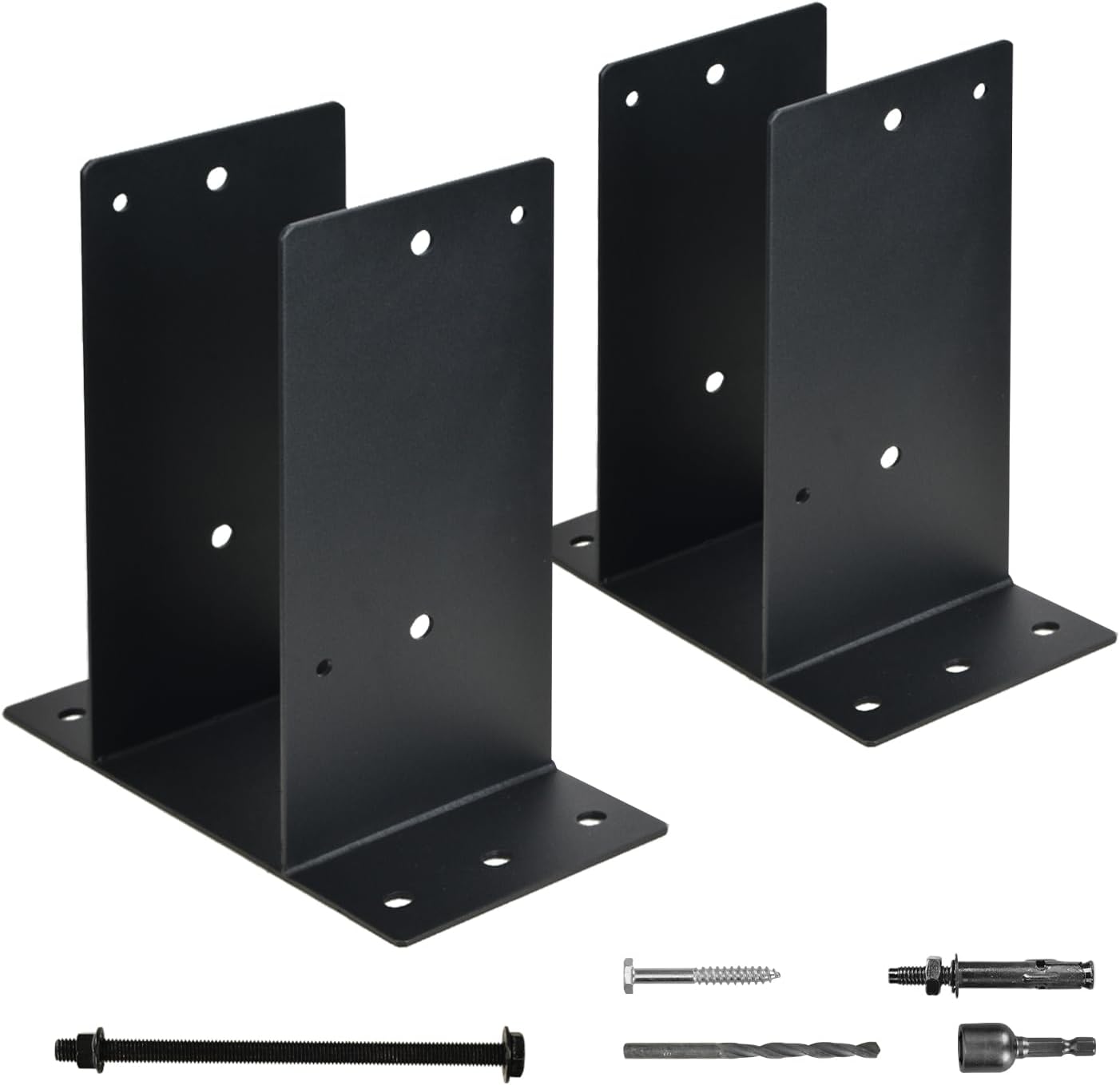 Heavy Duty Steel Post Base, 6''x6'' (Internal 5.5"x5.5"), Concrete Post Bracket for Deck Railings, Fences, Mailboxes, Booths, Patio Decks (Black - Set 2)