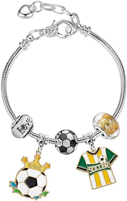 LIU JUN World Soccer Game-day Charm Bracelet for Women, Football Ball Jersey Boots Beer Dangle Charms Theme Beaded Sports Fans Cheers Wrap Adjustable Gift Jewelry