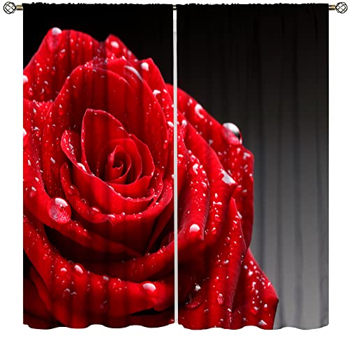 Red Rose Curtains,Valentines Romantic Rose Print Burgundy Red and Black Flower Window Treatments for Women Girls Home Decor Floral Drapes 2 Panels,42x45 Inch