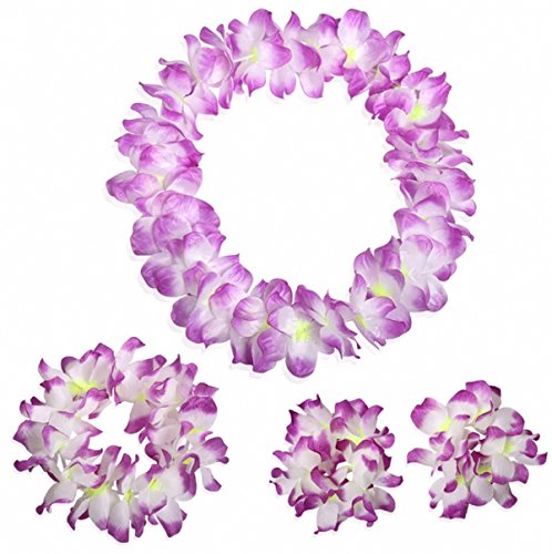 Hawaiian Luau FLower Leis Jumbo Necklace Bracelets Headband Set Purple