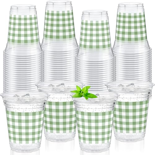 Qinyoung Checkered Plastic Cups 12oz Gingham Party Disposable Cups Bulk Drinking Cup for Cold Drinks Baby Shower Wedding Summer Birthday Party Supplies(Sage Green and White 50 Pcs)