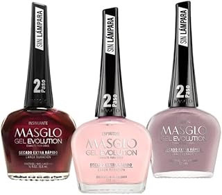 MASGLO GEL EVOLUTION Nail Polish Gel Effect, No UV/Led Lamp Required, Duration up to 12 day, 3 PCs of Colors - Effecto Gel no requiere lampara UV/Led, hasta 12 dias de duracion (Insinuating Selection)
