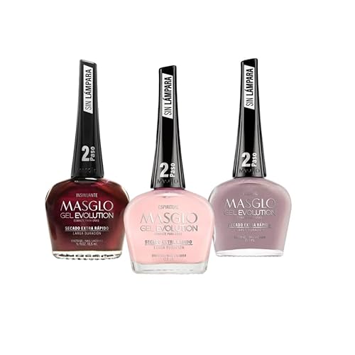 MASGLO GEL EVOLUTION - Esmalte de uñas efecto gel, no requiere lámpara UVLed, duración de hasta 12 días, 3 unidades de colores  Effecto Gel no