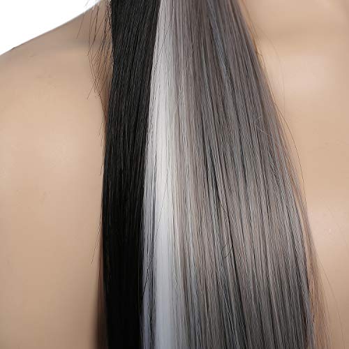 Kaneles Long Straight Black Mix Grey Wig With Bangs Heat Resistant Synthetic Hair Wig For Women #TOP3
