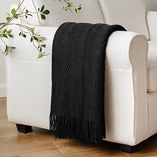 Battilo Home Black Throw Blanket With Fringe, Geometric Bed Throws For Home Decor, Decorative Black Knit Throw For Couch Sofa, 50"X60" #TOP4