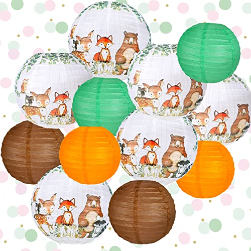 12 Pieces Woodland Animal Baby Shower Paper Hanging Lanterns Gender Neutral Forest Animal Theme Birthday Party Decorations Woodland Animal Print for Jungle Animal Back to School Decor Ceiling Decor