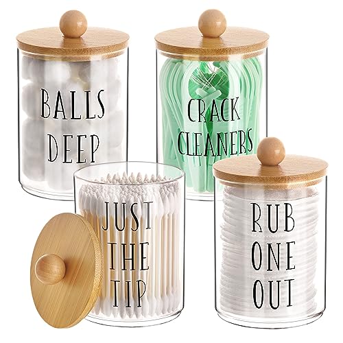 Image of Tbestmax 4 Pack Qtip Holder with Bamboo Lids, 10 oz Bathroom Organizer Accessories Storage Containers Clear Plastic Apothecary Jars for Cotton Ball, Cotton Swab, Floss