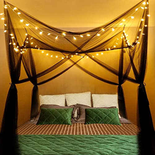 Lighted 4 Corner Post Bed Canopy, Elegant Square Bed Curtain with 100 LED Warm White Lights, Gothic Black Canopy Bed Bedroom Decoration for Women Girls, King Queen Size Bed Decor