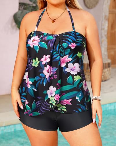 Image of Plus Size Bandeau Tankini 2 Piece Halter Swimsuit with Shorts | Flyaway,Quick Dry,Strapless,Removable Cups,High Waisted Short