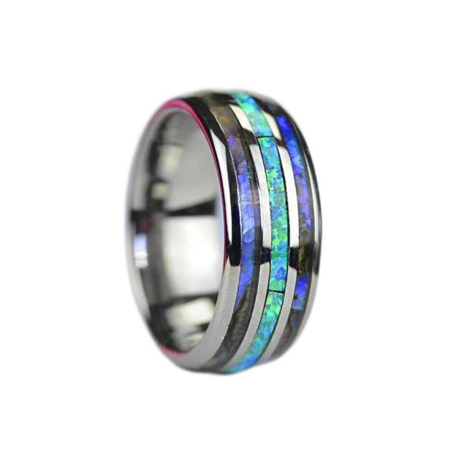Wszjln Men's Silver Color Fashion 8Mm Rose Gold Color Tungsten Wedding Stainless Steel Rings Inlay Abalone Shell Blue Opal Rings Wedding Jewelry-7,