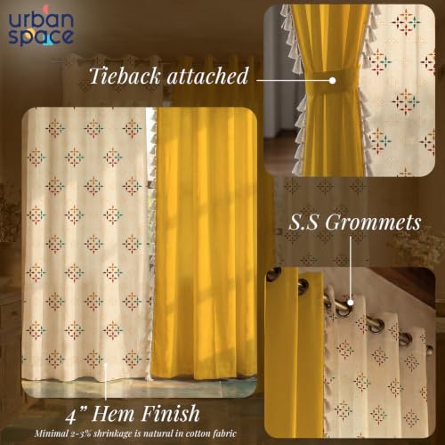 Image of Urban Space Floral 100% Cotton Curtains For Door, Combo Set Of 3 Curtains 7 Feet Long, 60-65% Room Darkening Curtain, Tieback & Eyelets Included With Curtains For Home Decor (Mosaic Yellow, 7 Feet)