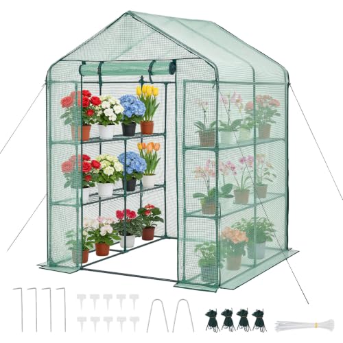 Image of VEVOR Walk-in Greenhouse, 55.5 inch x 56.1 inch x 78.7 inch Greenhouse for Outdoors with PE Cover, 2 Tiers 8 Shelves, Roll-Up Zipper Door, Walk in Green House, Portable Plant Garden Hot House for Backyard Outside