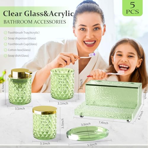 Glass Bathroom Accessories Set 5Pcs Crystal - Foaming Soap Dispenser, Soap Dish, Cup, Acrylic Toothbrush Holder with Tray Organizer, Qtip Jar, Bathroom Counter Set Sink Decor (Green) - Image 4
